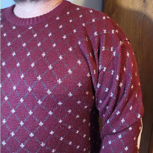 Vintage 80s Mens Maroon Diamond Sweater Sz Medium Elbow Patches Grandpacore - Picture 4 of 10